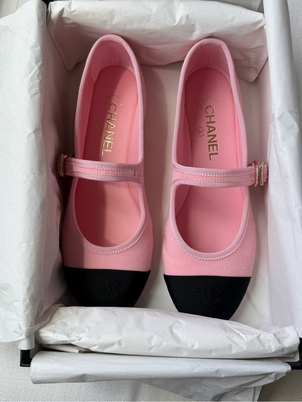 CHANEL Pink and Black Mary Jane Ballet Flats with Logo Cap
